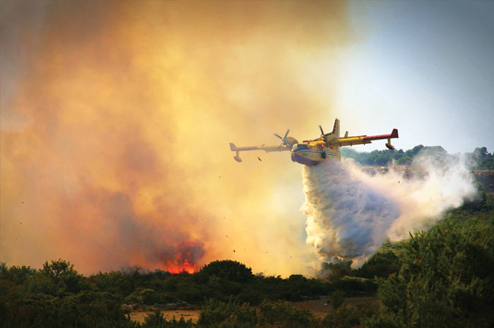 Un avion bombardier d'eau combat un incendie de forêt.